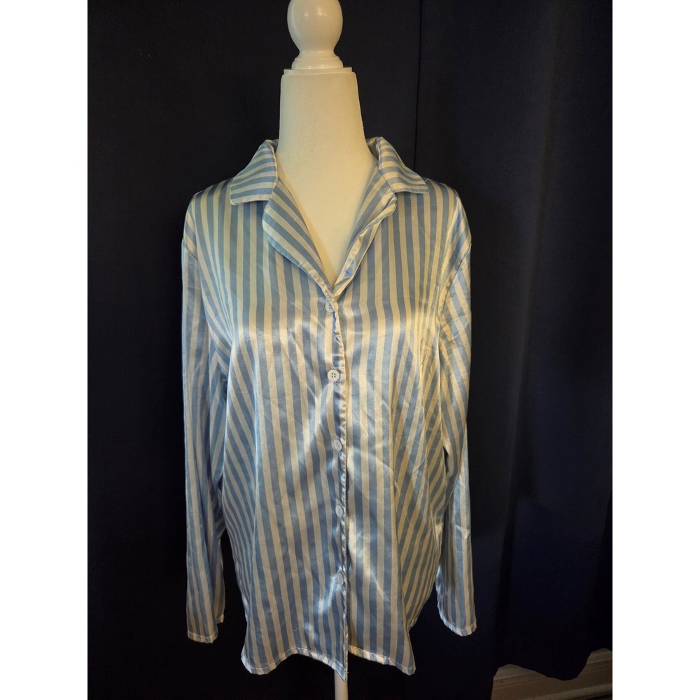 Ekouaer Womens Satin Pajama Top Blue White Striped Long Sleeve Button Down M - Picture 2 of 7